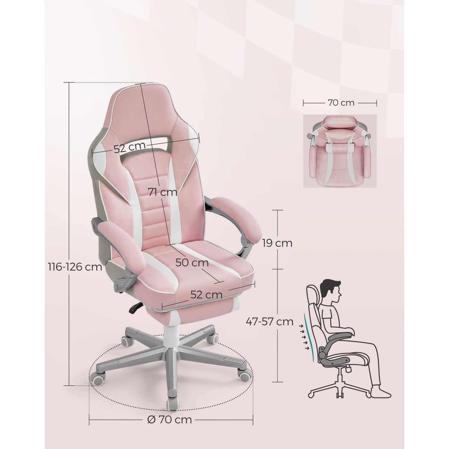Gamingstoel – Gamestoel – Bureaustoel – Game Chair – Verstelbare Voetensteun – Ergonomisch Met Lendensteun – Maximale Draagkracht 150 kg – Pastelroze & Crèmewit