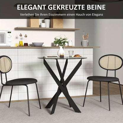 Eettafel – Ronde Tafel – Keukentafel – Diner tafel – Glas Tafel – 70x75 cm – Gehard Glas Blad – Zwart Metalen Poten