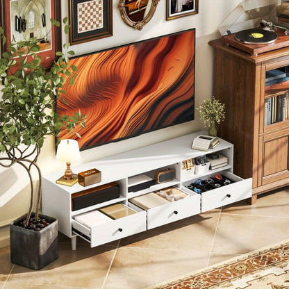 TV-Stand – Tv-Kast – TV-Meubel – Media Meubel – Woonkamerkast – Wit – Met Lades En Open Vakken – 140 cm Lang – Compacte Afmetingen 140x34x45 cm