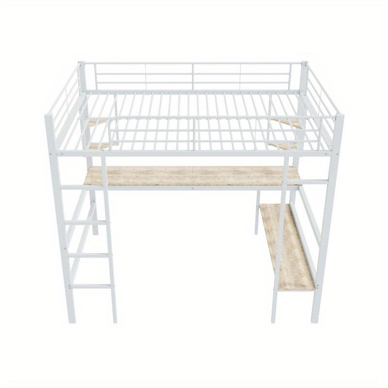 Hoogslaper 140x200 – Stalen Bedframe – Metaalbed – Kinderbed – Tienerbed – Wit Frame – Ingebouwd Bureau & Grote Boekenkast – 4 Kleine Plankjes