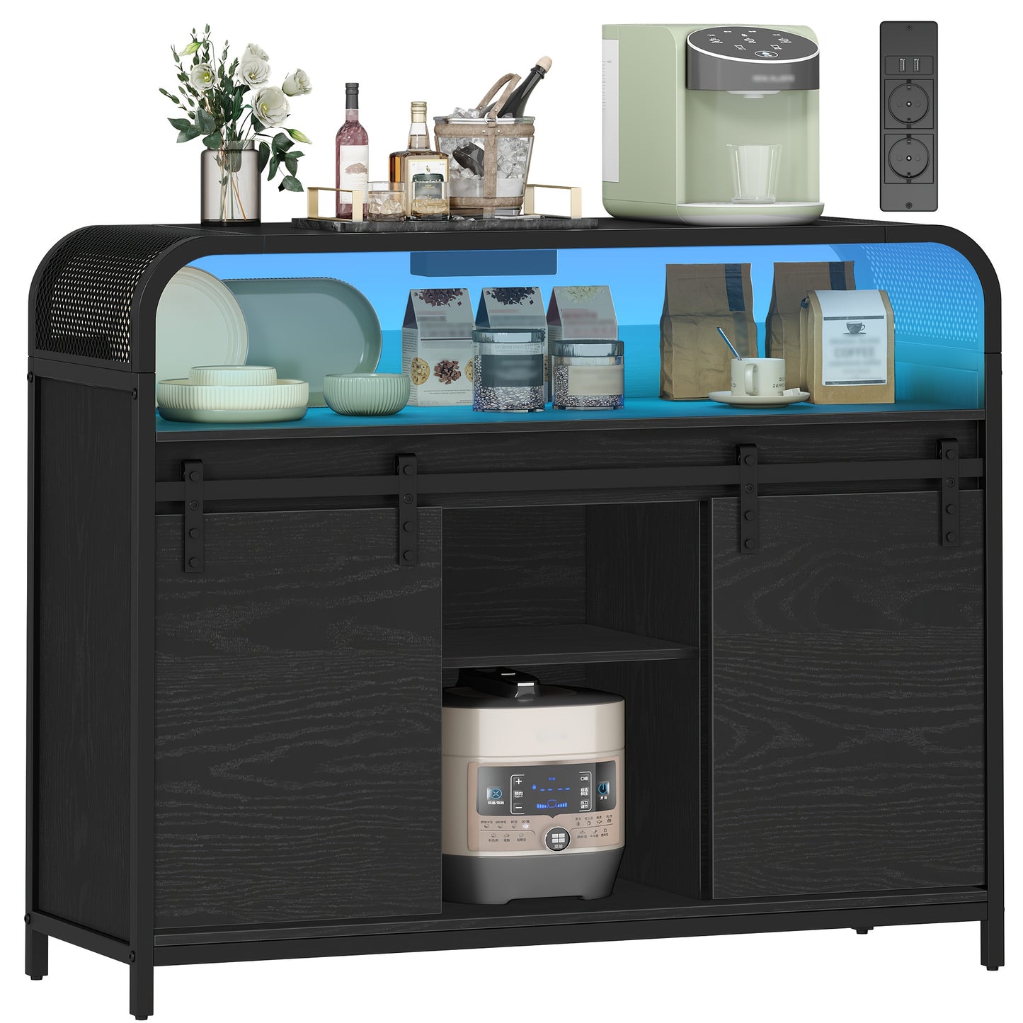 Sideboard with LED Lighting, Kitchen Cabinet with Power Strip, Storage Cabinet with 2 Sliding Doors, Adjustable Dividers, Kitchen, Dining Room, 35 X 100 X 80cm, Kitchen Sideboard Cabinet, Pantry Cabinet for Kitchen, Cupboard