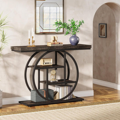 Consoletafel – Sidetable – Sofa Tafel – Haltafel – Accent Tafel – Industrieel Design – 41,3 Inch – Vier Ladeplanken – Hout Metaal – Charcoal Zwart
