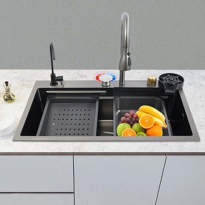 Keukenspoelbak – Gootsteen – Wasbak – Spoelbak – Enkele Spoelbak – RVS – Matzwart – Groot Enkelvoudig Bassin 75x45 cm – Inclusief Afdruipblad en Uittrekbare Kraan