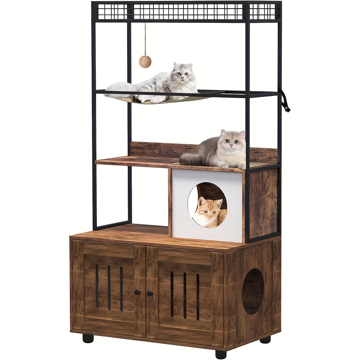 Kattenbakmeubel – Kattenkast – Kattenbakkast – Kattenhuis – Kattenbakkast – Houten Fiberboard – Ruim Ontwerp Met Sisal Hangmat & Speelbal – Omkeerbare Toegang Met Extra Opbergruimte