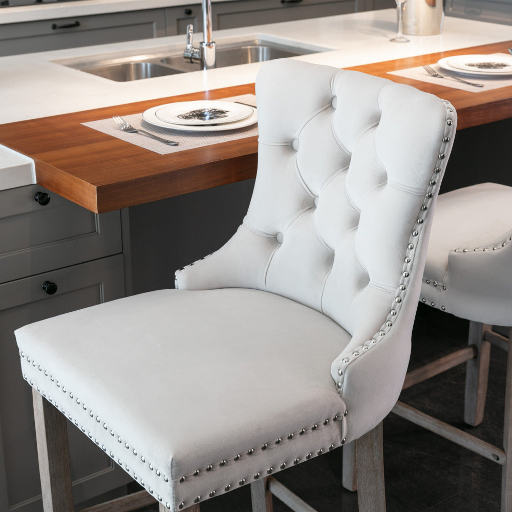 Barstoel – Barkruk – Barstoel Kussen – Barkrukken Set – Barstoel Counterhoogte – Velvet Bekleding – Foamgevulde Zitting – Wingback Design – Stevige Rubberhouten Poten – Franse Stijl – Set Van 2 – Beige