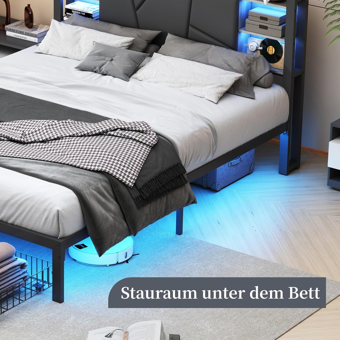 Tweepersoonsbed – Dubbelbed – Bedframe – Slaapbank – Opbergbed – 160 x 200 cm – PU Kunstleer Zwart – USB Poorten & LED Verlichting – Met Lade Opbergruimte