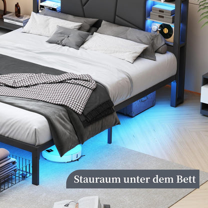 Tweepersoonsbed – Dubbelbed – Bedframe – Slaapbank – Opbergbed – 160 x 200 cm – PU Kunstleer Zwart – USB Poorten & LED Verlichting – Met Lade Opbergruimte