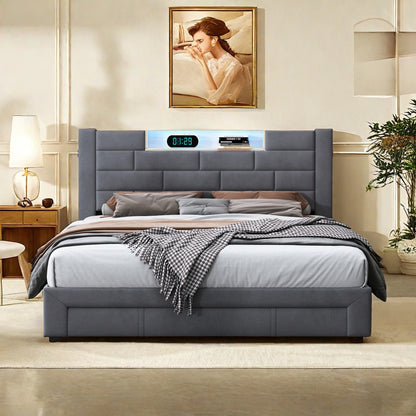 Bed met Opbergruimte – Opbergbed – Opbergboxspring – Tweepersoonsbed – Gestoffeerd Bed – LED Verlichting – USB Oplaadpoort – 140x200 cm – Fluwelen Metalen Frame