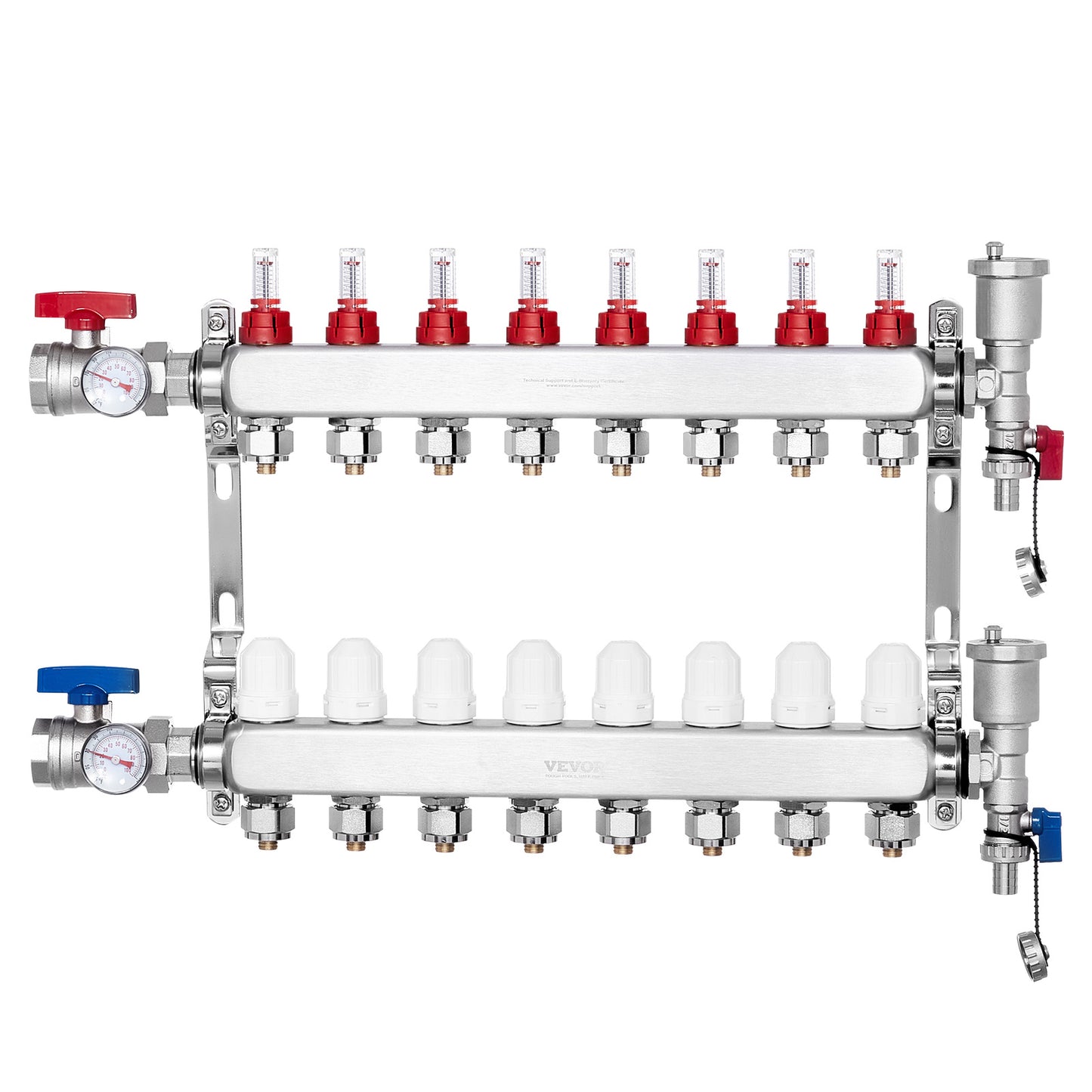 Vloerverwarmingsverdeler – Warmtemanifold – Vloerverwarmingsgroepverdeler – Hydraulische Verdeler – Radiatorverdeler – Roestvrij Staal 304 – 8 Groepen Met Debietmeters