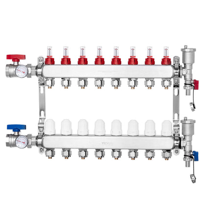 Vloerverwarmingsverdeler – Warmtemanifold – Vloerverwarmingsgroepverdeler – Hydraulische Verdeler – Radiatorverdeler – Roestvrij Staal 304 – 8 Groepen Met Debietmeters