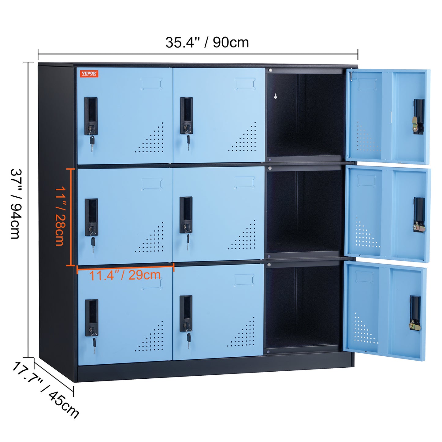 Lockerkast – Opbergkast – Kledingkast – Metalen Kast – Lockers – 9 Deuren Met Slot – Robuust Stalen Design 90x45x94 cm - Zwart-Blauw