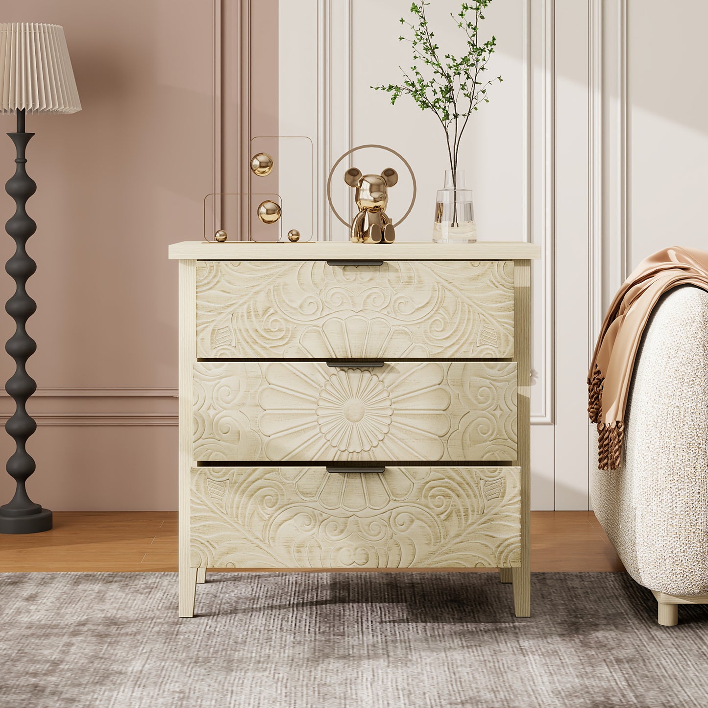 Opbergkast – Ladekast – Bergkast – Nachttafel – Dressoir – Khaki Rattan – 3 Laden – Compact Design