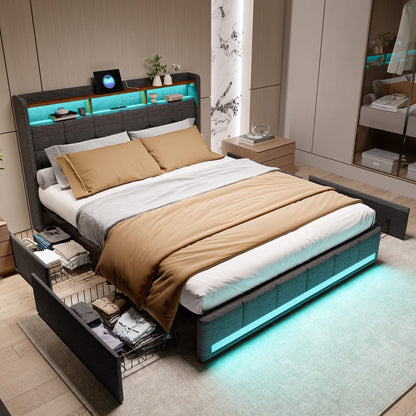 Double Bed with Storage, LED Lighting, 4 Drawers, Storage Function, USB Charging, Quick Assembly, Metal And Linen Bed Frame, Classic, for Adults, Ideal for 8Mj4Txd Bedroom.