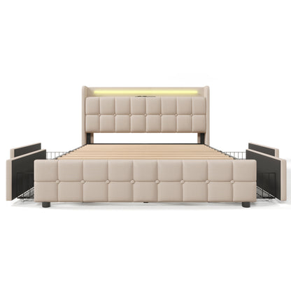 Bedkast 160x200 – Gestoffeerd Bed – Tweepersoonsbed – Opbergbed – Boxspringbed – Linnen Bekleding – 4 Ruime Lades – Lattenbodem