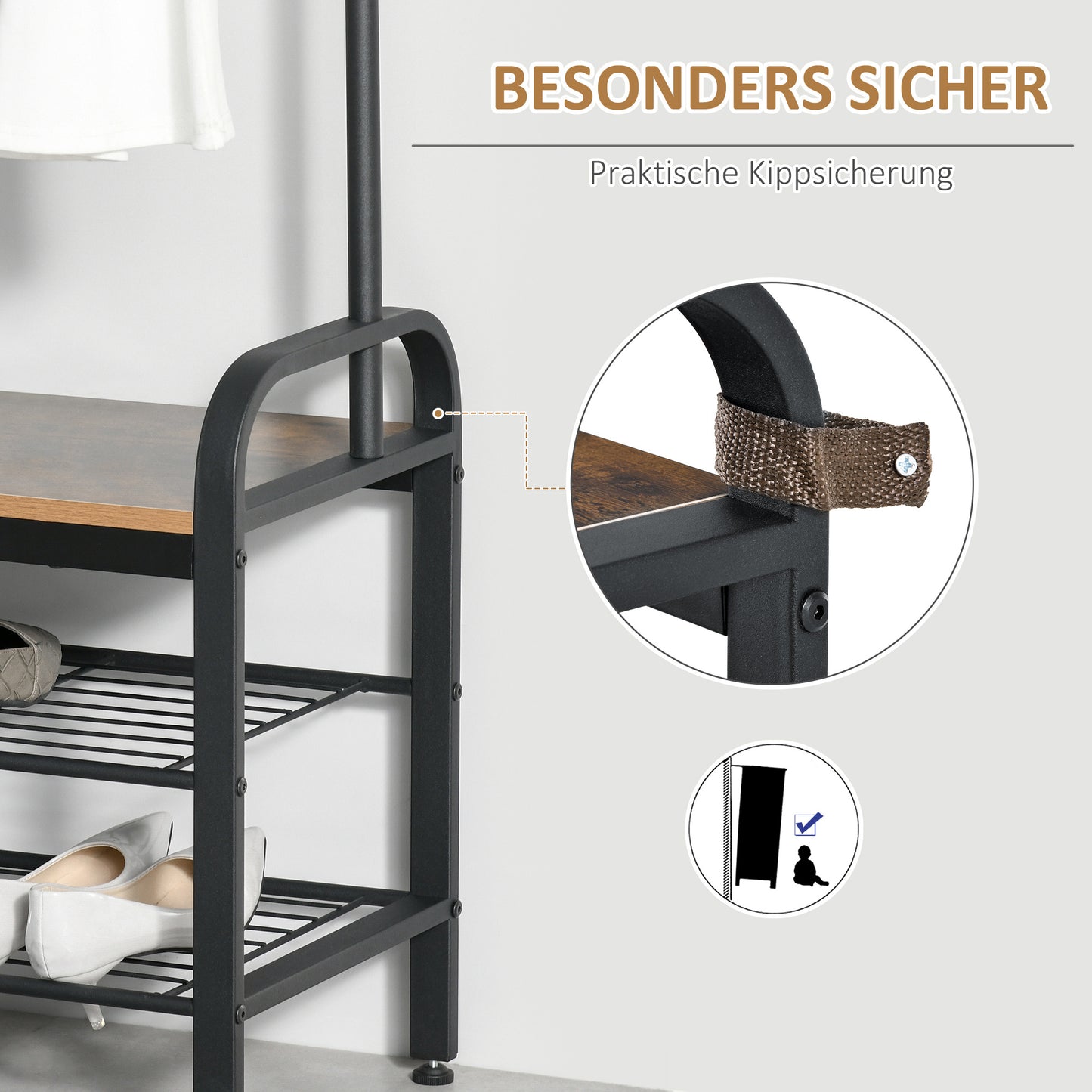 Kledingstandaard – Kapstok – Jassenrek – Schoenenrek – Garderoberek – Zwart – Compact 72x34x185 cm – 8 Haken en 2 Legplanken