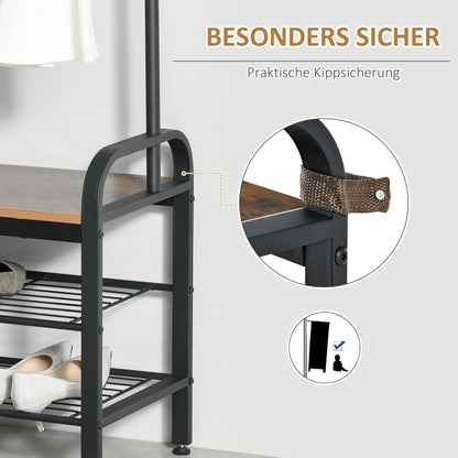 Kledingstandaard – Kapstok – Jassenrek – Schoenenrek – Garderoberek – Zwart – Compact 72x34x185 cm – 8 Haken en 2 Legplanken