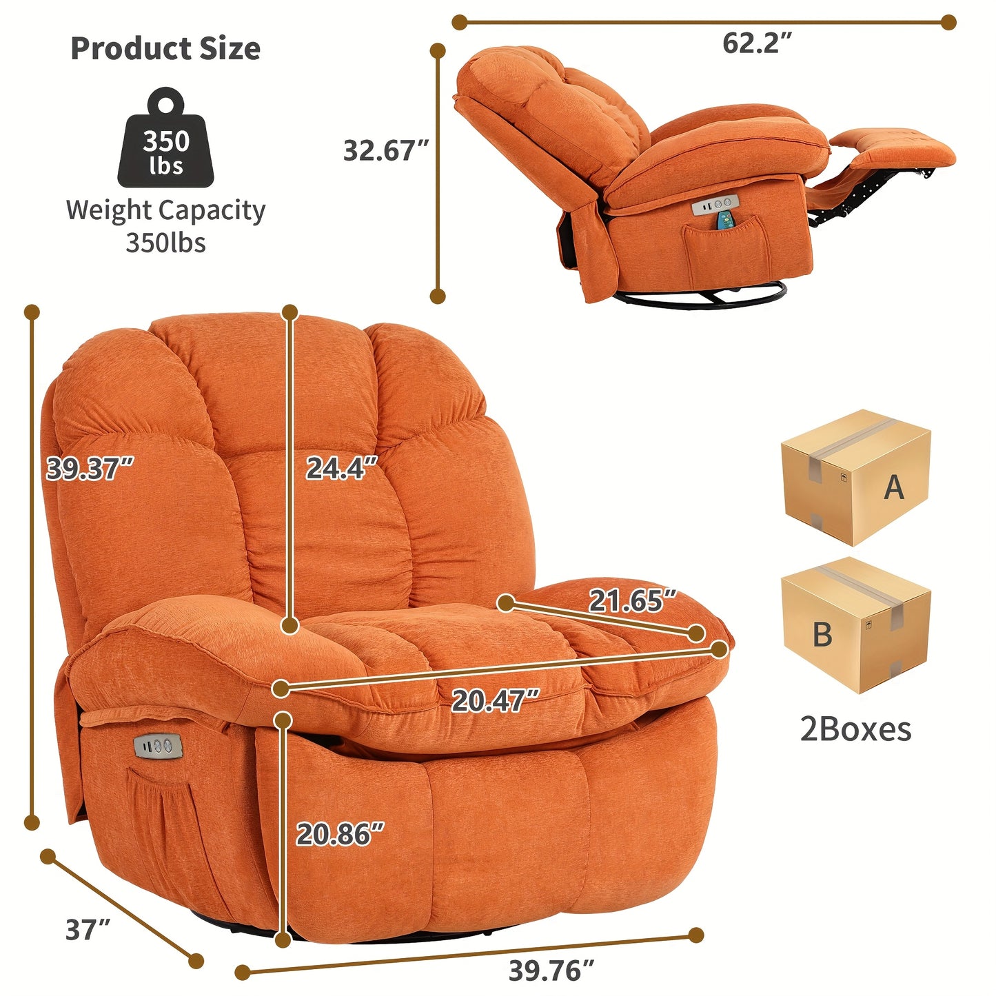 Massagestoel – Relaxfauteuil – Elektrische Stoel – Draaifauteuil – Zitstoel – Met Massagefunctie & Verwarming – USB-C en USB Poorten – Oranje