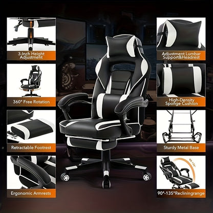 Big and Tall Gaming Chair with Footrest, Ergonomic Computer Chair with Headrest and Lumbar Support, High Back Adjustable Video Game Chairs, Recline Gaming Chair for Office