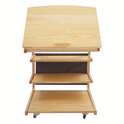 TOOL1SHOOO Modern C-Shaped Pulley Side Table with Lockable Castors, 4-Tier Storage Shelf & Adjustable Tabletop - Heavy-Duty Wooden Mobile Cart with Smooth-Glide Mechanism, Space-Saving Design for Living Room, Bedroom, Home Of
