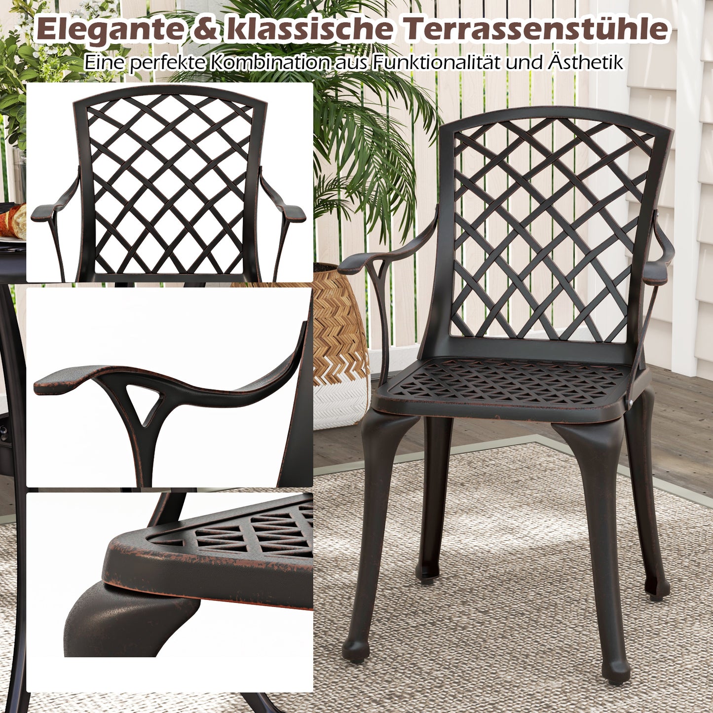 Set Tuinstoelen – Bistro Stoelen – Tuinmeubilair – Balkonstoelen – Stapelbare Stoelen – Gietaluminium – Ruimtebesparend Design – Comfortabele Armleuningen