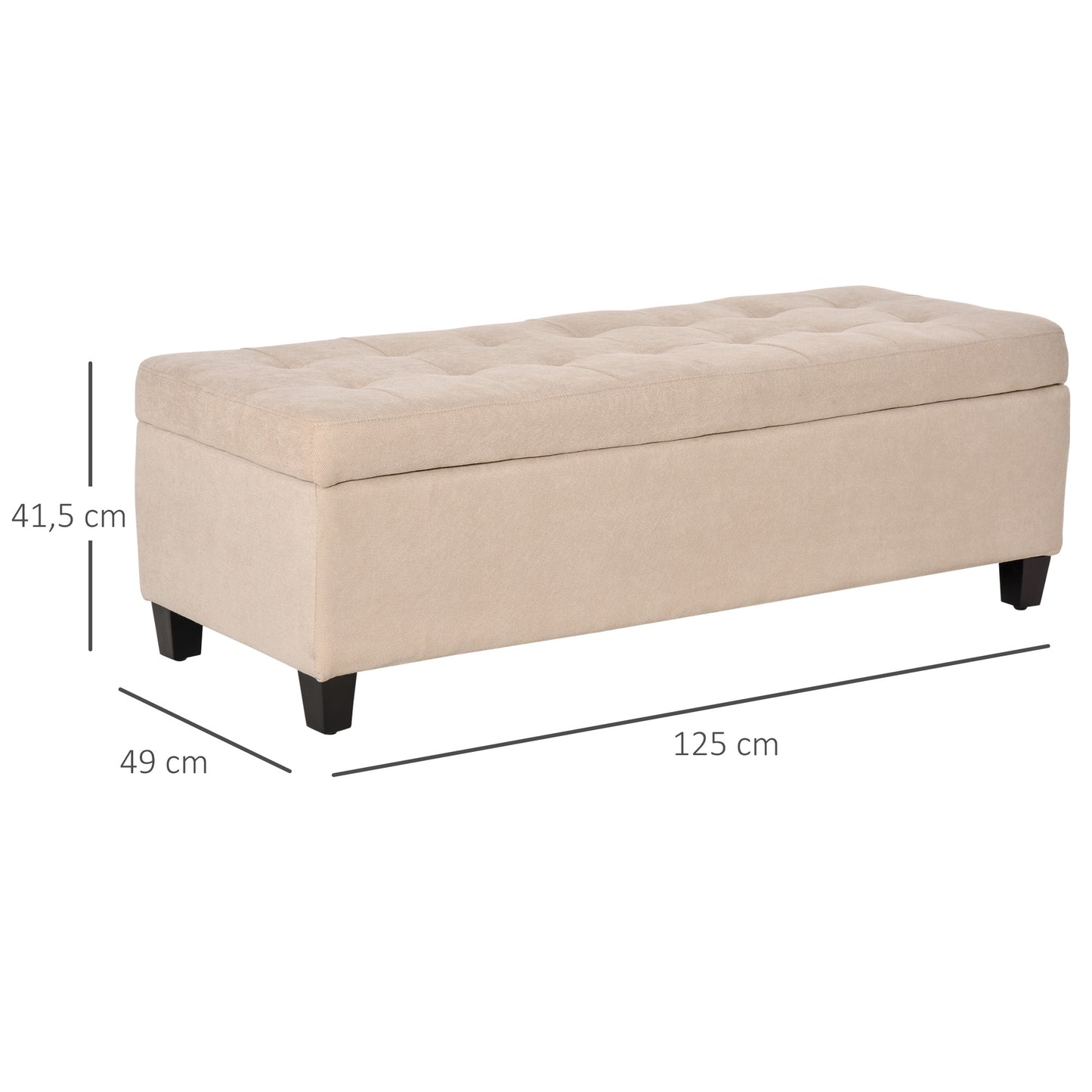 Bank – Sofa – Zitbank – Bench – Beige – Met Opbergruimte – Flanelstof Met Knoopjes – Draaggewicht 120 kg – 125 x 49 x 41,5 cm