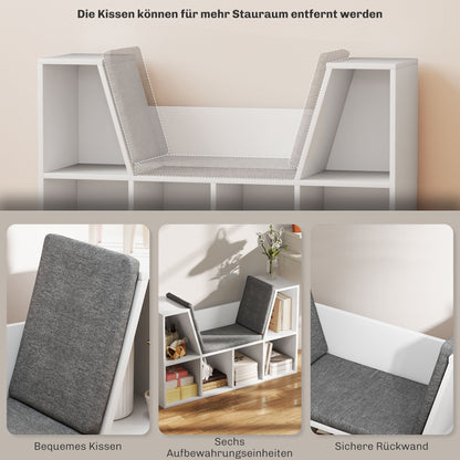 Boekenkast met Zithoek – Boekenkast – Opbergmeubel – Zitbank – Leeshoek – Wit – 6 Compartimenten – Gestoffeerde Zitting – 105x30x63 cm