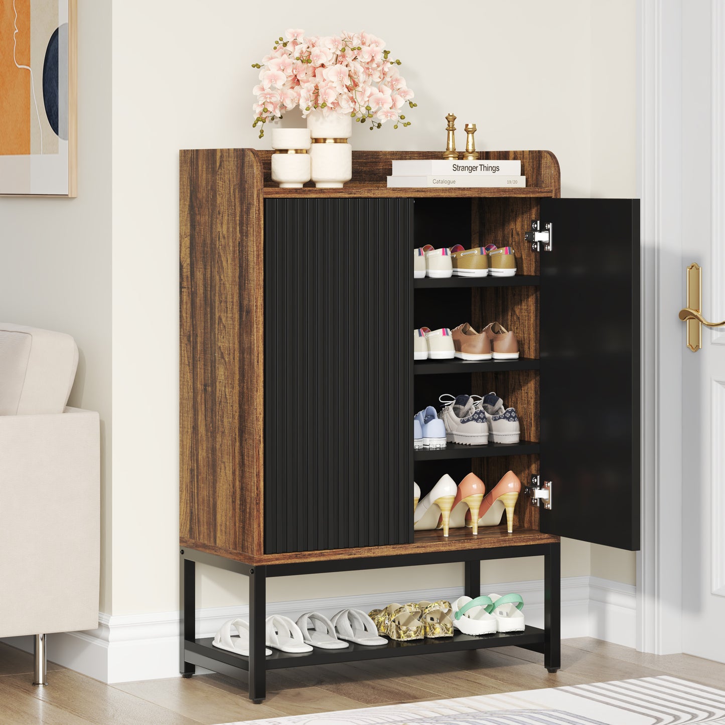 Schoenenkast – Schoenenrek – Schoenenopberger – Halkast – Schoenenbank – 5 Lagen – Hout – 73x35x105 cm – Zwart/Bruin – Voor 15-20 Paar Schoenen – Compact & Met Deuren