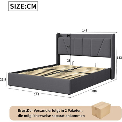 Tweepersoonsbed – Opbergbed – Bedframe – Linnen Bed – Stalen Frame – 140x200 cm – Met Hydraulische Opbergruimte – Stevige Steun