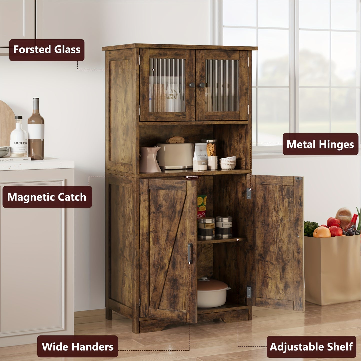 Kast – Opbergkast – Bergkast – Badkamerkast – Kast Met Glazen Deuren – 127 cm Hoog – MDF Materiaal – Verstelbare Planken – Vrijstaand – Anti-Kantel Veiligheid – Modern Bruin Design