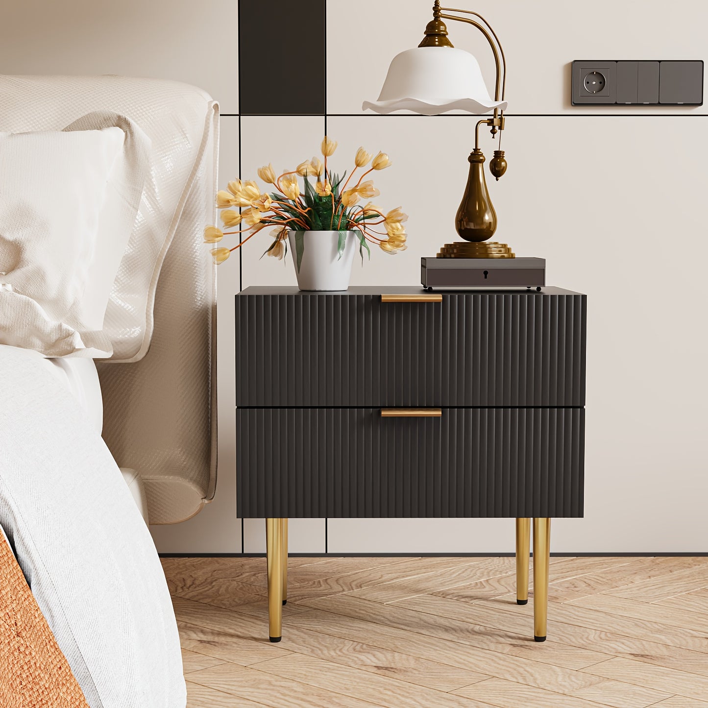 1pc Modern Black Metal Nightstand with 2-Drawer Bedside Storage - Matte Black & Golden Legs, Space-Saving Design, Easy Assembly, Compact Bedside Table for Small Bedrooms, Contemporary Minimalist Furniture with Golden-Toned Ha