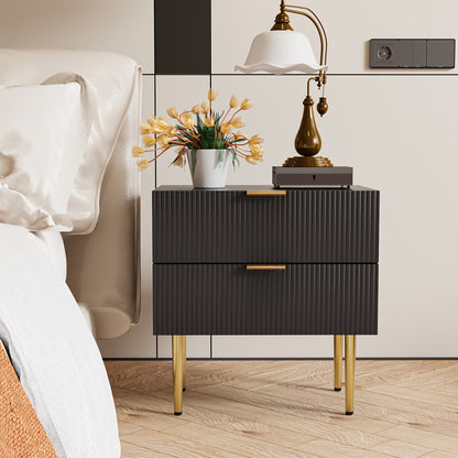 1pc Modern Black Metal Nightstand with 2-Drawer Bedside Storage - Matte Black & Golden Legs, Space-Saving Design, Easy Assembly, Compact Bedside Table for Small Bedrooms, Contemporary Minimalist Furniture with Golden-Toned Ha