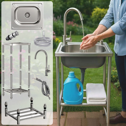 Single Bowl Kitchen Sink, Freestanding Garden Outdoor Sink, Movable Stainless Steel Sink, Essential Sink for Rentals, Sink with Hot And Cold Water Faucet, Suitable for Restaurants, Gardens, Garages, And Camping