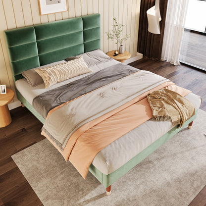 Double Bed with Slatted Frame - Dark Green Upholstered Headboard, Sturdy No-Assembly Bed Frame, Heavy-Duty Construction for Adults & Teens - Mattress Not Included - Ideal for Modern, Headboard Cover For Bed Padded, Headboard