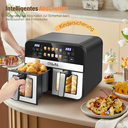 Dual Zone Airfryer – Heteluchtfriteuse – Airfryer Met Dubbele Mand – Gezonde Friteuse – 2 Bakken – 10,5L – Roestvrij Staal – 10 Voorgeprogrammeerde Kookfuncties