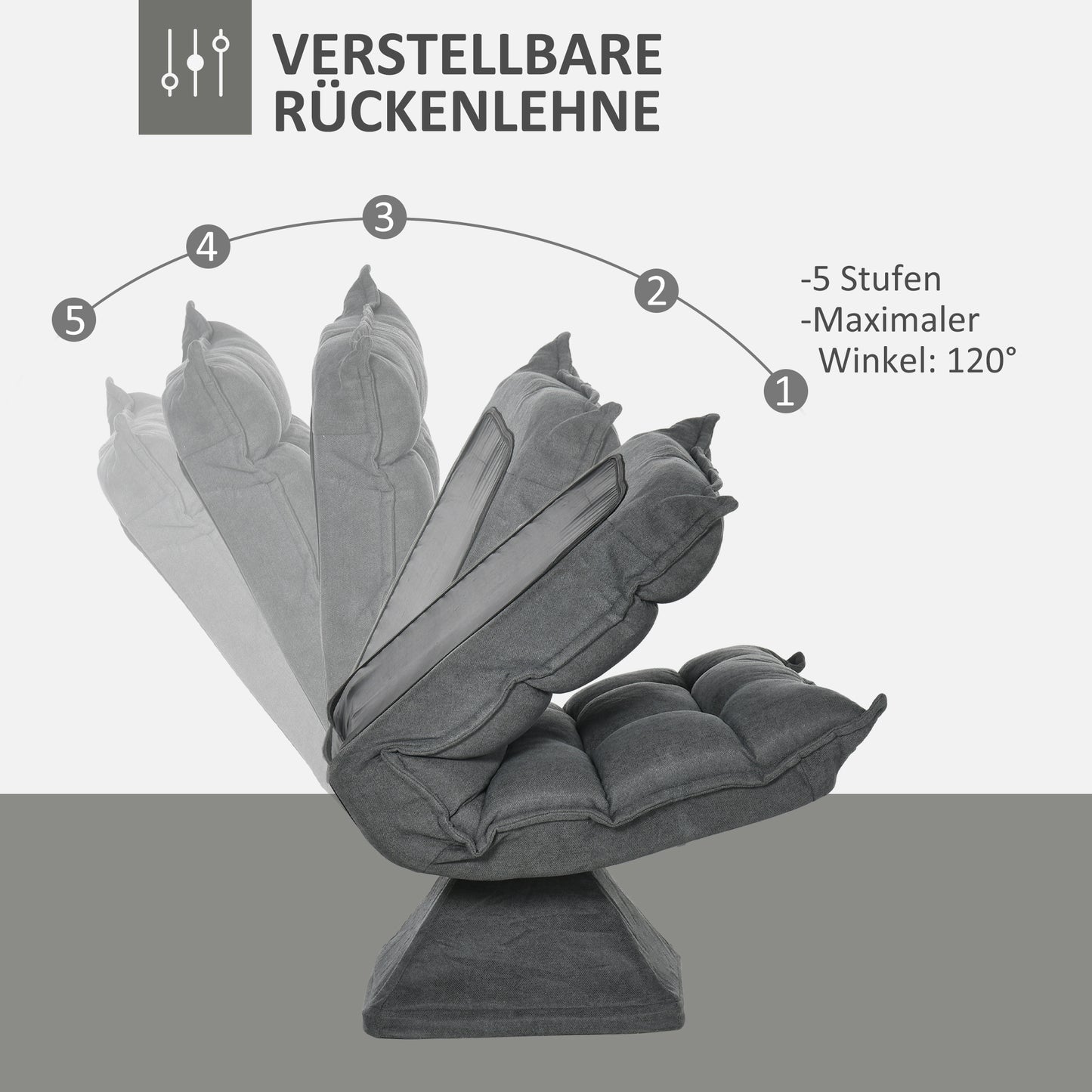 Vloerstol – Vloerstoel – Zitstoel – Ligstoel – Slaapstoel – Verstelbare Rugleuning Tot 120° – 360° Draaibare Basis – Stalen Frame – Comfortabele Dikke Bekleding Grijs