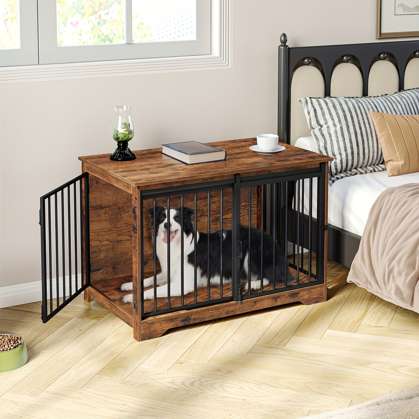 Houten Hondenbench – Hondenkooi – Hondenhok – Dierenbench – Huisdierbench – Met 2 Schuifdeuren – 4 Wieltjes – Compact 60x100x68 cm – Retro Bruin Design