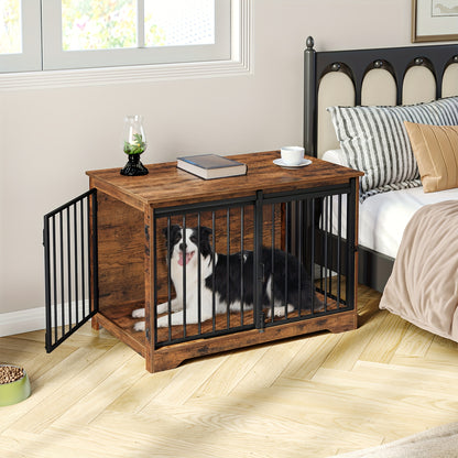 Houten Hondenbench – Hondenkooi – Hondenhok – Dierenbench – Huisdierbench – Met 2 Schuifdeuren – 4 Wieltjes – Compact 60x100x68 cm – Retro Bruin Design