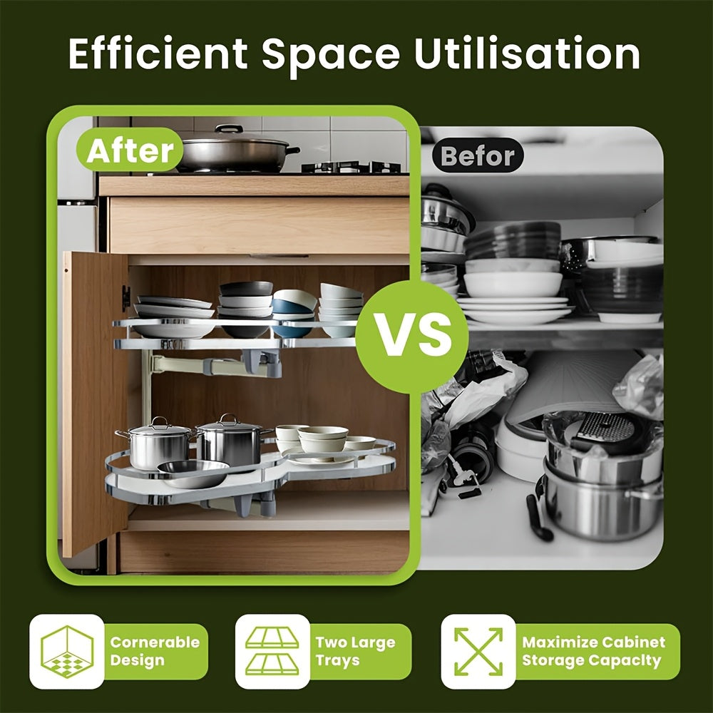 Hoekkast Organizer Keuken – Uittrekbare Kastinrichting – Keukenopberger – Draaiplateau Opberger – Bergsysteem Hoekkast – Pull Out Links & Open Deurtje Rechts – 2 Draaibare Plateaus – Metalen Duurzaam Design