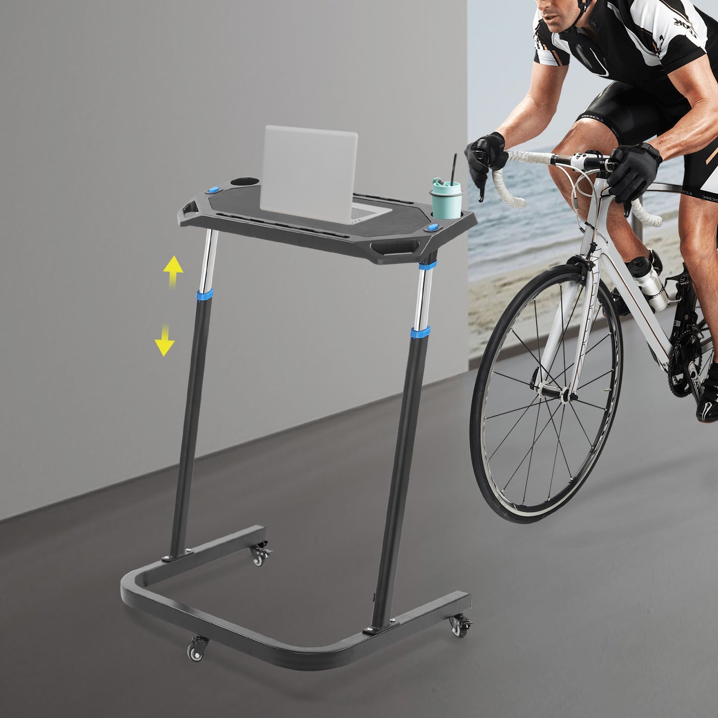 Fietstrainer Bureau – Verstelbaar Fietsbureau – Indoor Bike Desk – Hometrainer Tafel – Workout Bureau – RVS Stalen Frame – Verstelbare Hoogte en Lockbare Wielen – Antislip Oppervlak – Compact en Mobiel – Zwart