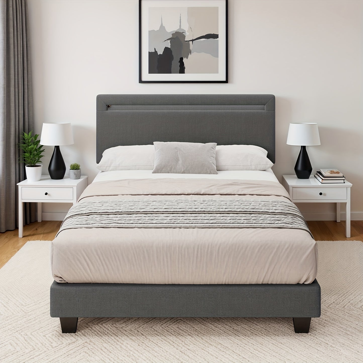Modern Bedframe 120x200 – Bedbodem – Ledikant – Slaapbank – Lattenbodem – Stevige Houten Constructie – Gestoffeerd Hoofdeinde – Donkergrijs