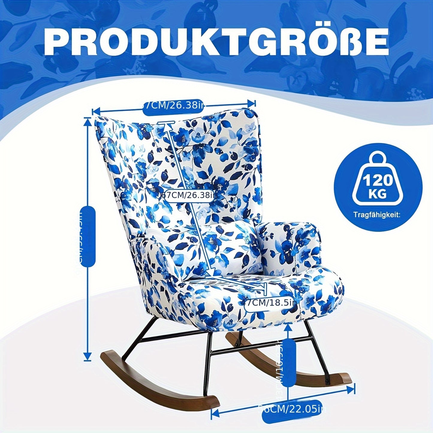 Schommelstoel – Relaxstoel – Fauteuil – Loungestoel – Schommelstoelen – Ergonomisch Hoog Rugleuning – Metaal Frame Met Massief Houten Schommelbasis – Antislip Houten Poten – Blauw Bloemenpatroon