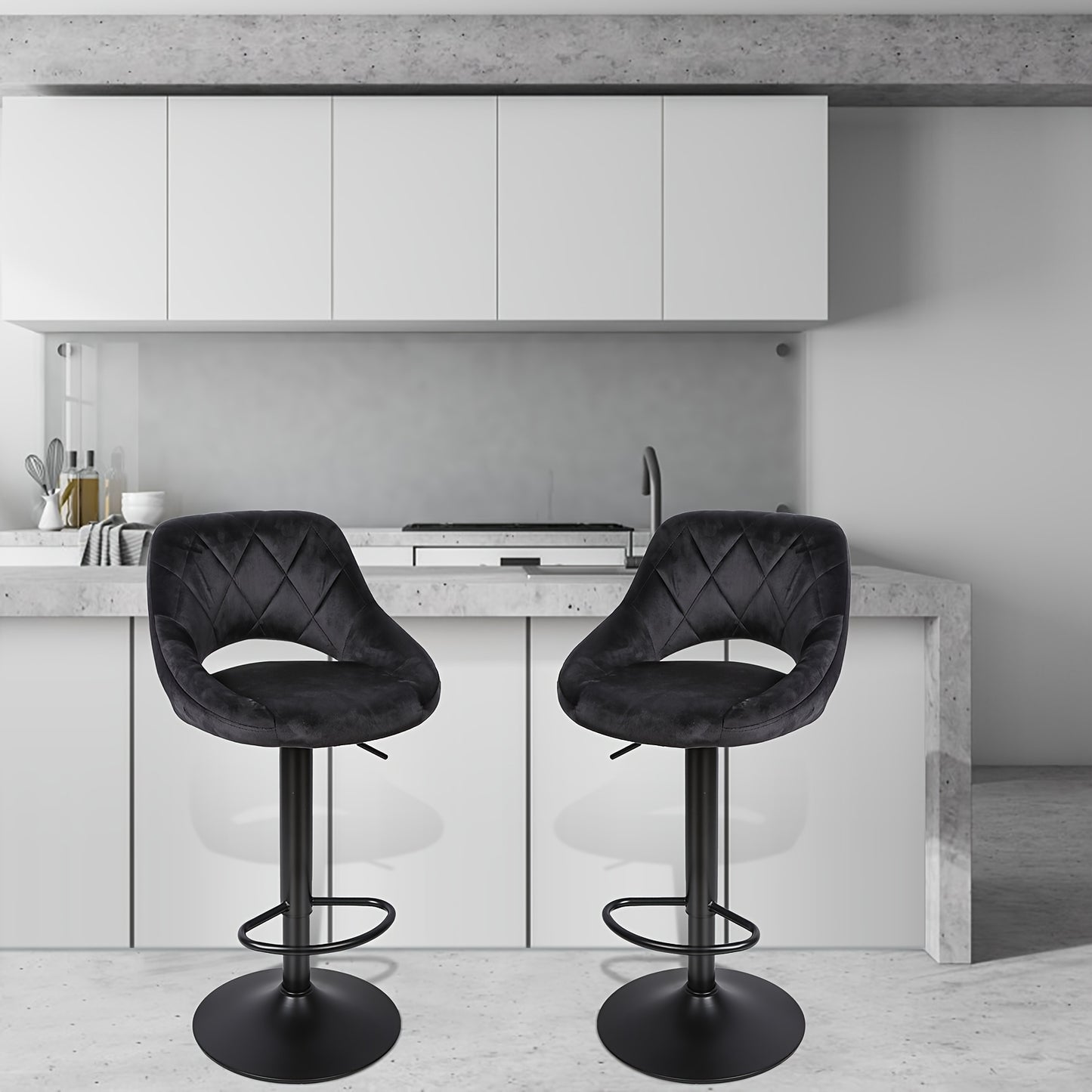 Velvet Barkrukken – Barkrukken Set – Keukenstoelen – Barstoelen – Verstelbare Barkrukken – Verstelbare Zithoogte 55-75 cm – Robuuste Zwarte Metalen Poten 150 kg Draagkracht