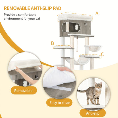 Krabpaal – Kattenboom – Kattenkrabpaal – Kattenmeubel – Kattentoren – Met Kattenbakruimte & Voerstation – 176 cm Hoog Met Sisal Krabpalen & Wasbare Hangmat
