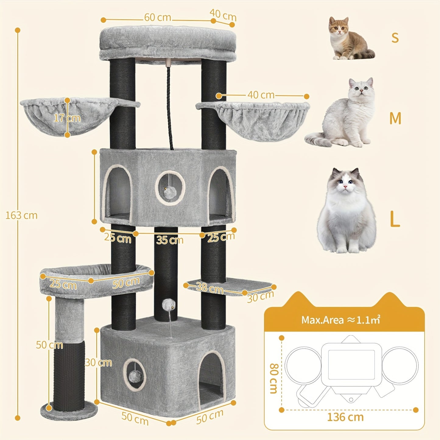 Krabpaal – Kattenboom – Krabmeubel – Kattenhuis – Kattentoren – 163 cm Hoog – Stevig Met Sisal Krabpalen En Zachte Ligplaatsen