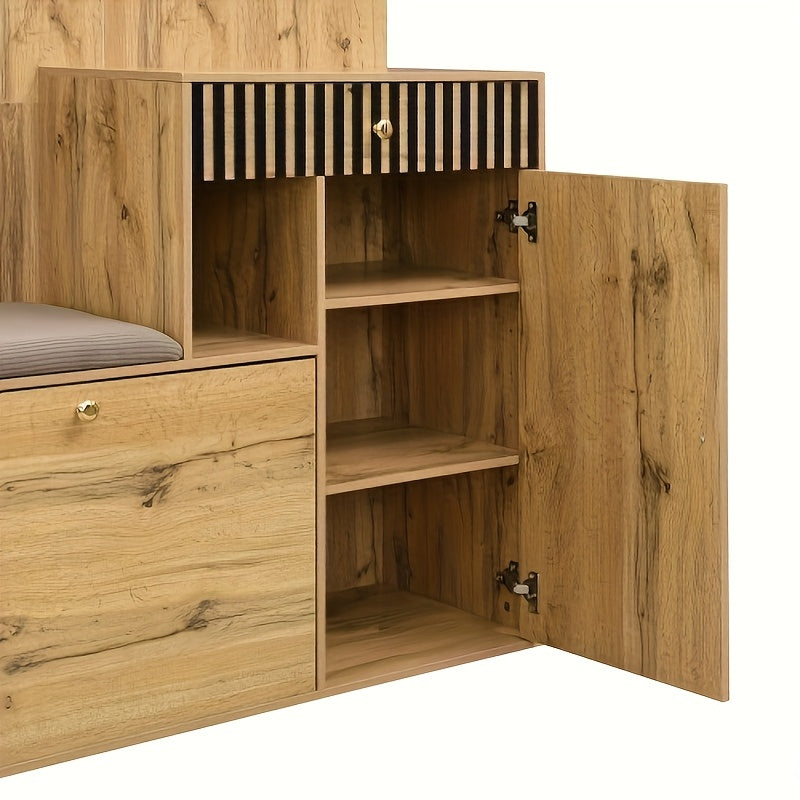 Halmeubel – Halkast – Garderobekast – Schoenenkast – Kapstok – Compact – Bamboe Materialen – Met Spiegel & Zitkussen – Ruimtebesparend Voor Smalle Hal