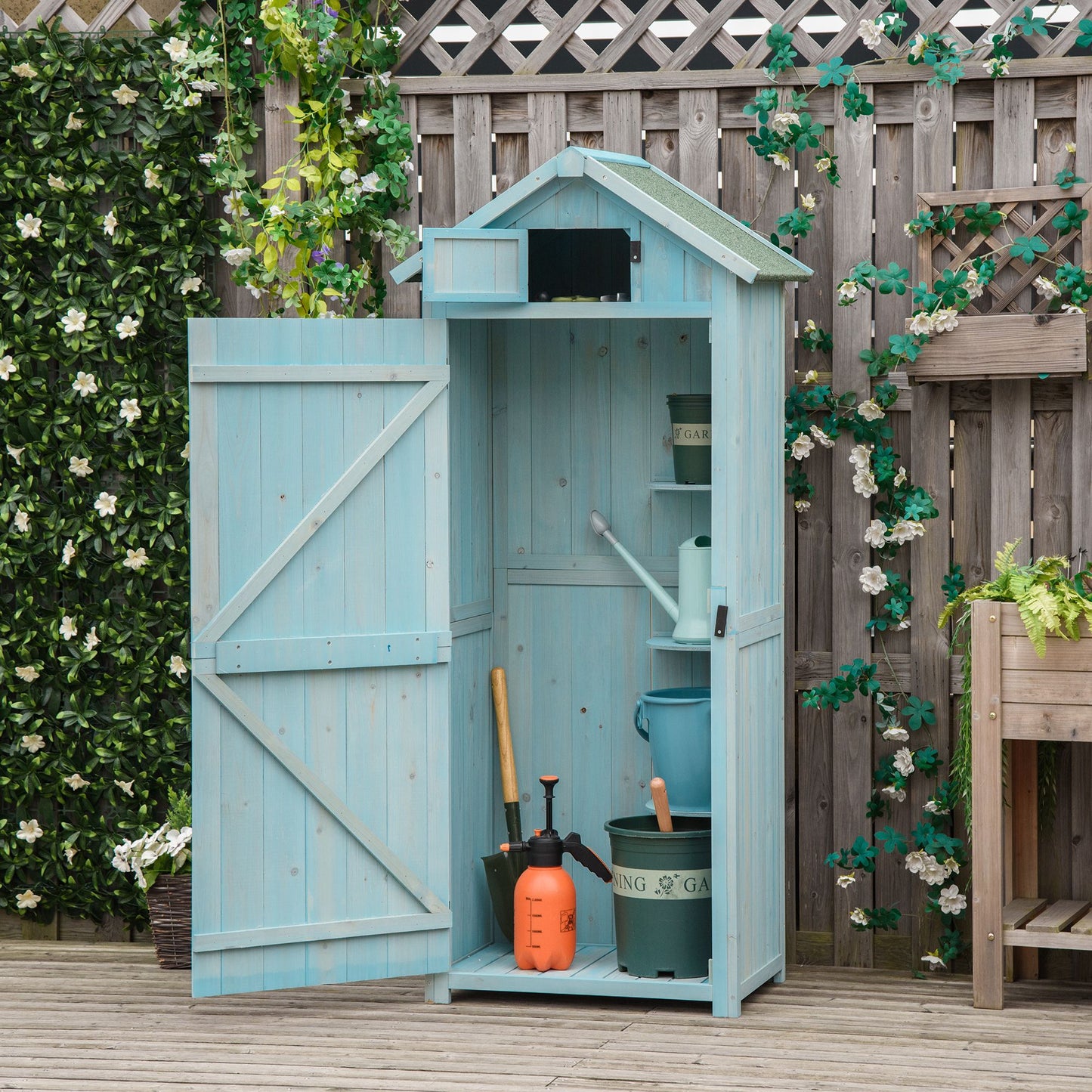 Tuinhuisje – Tuinschuur – Berging – Opbergkast – Gereedschapsschuur – Behandeld Grenenhout – Waterdicht Bitumen Dak – Compact 77x54x179 cm – Blauw