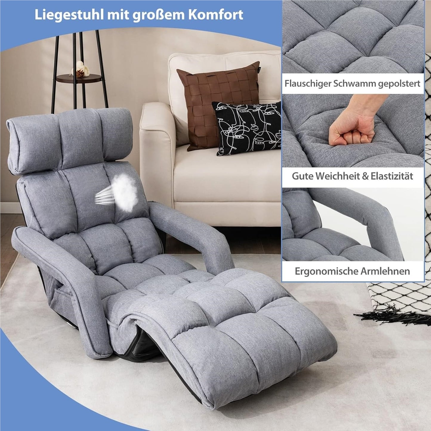 Relax Lounge Chair – Relaxstoel – Fauteuil – Ligstoel – Zitzak – Verstelbaar In 5 Posities – Linnen Bekleding – Inklapbaar – Ergonomisch Design – Max. 140 kg draagkracht – Grijs