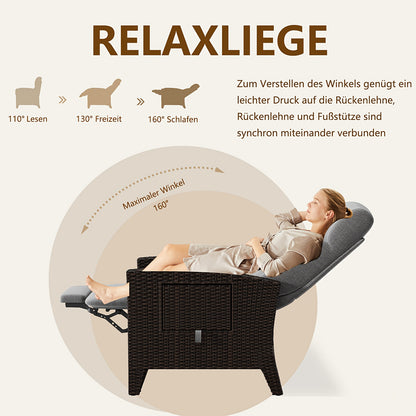 Verstelbare Loungebedstoel – Ligstoel – Tuinstoel – Balkonstoel – Relaxstoel – Ratan Look – Memory Foam – Bijzettafeltje – Diepgrijs