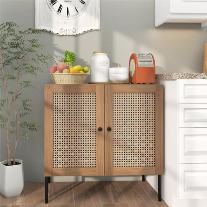Dressoir – Sideboard – Kast – Buffetkast – Opbergmeubel – Met 2 Rieten Deuren – Industrieel Design – 80x40x80 cm – Verstelbare Planken – Houten Werkblad Eikenhout