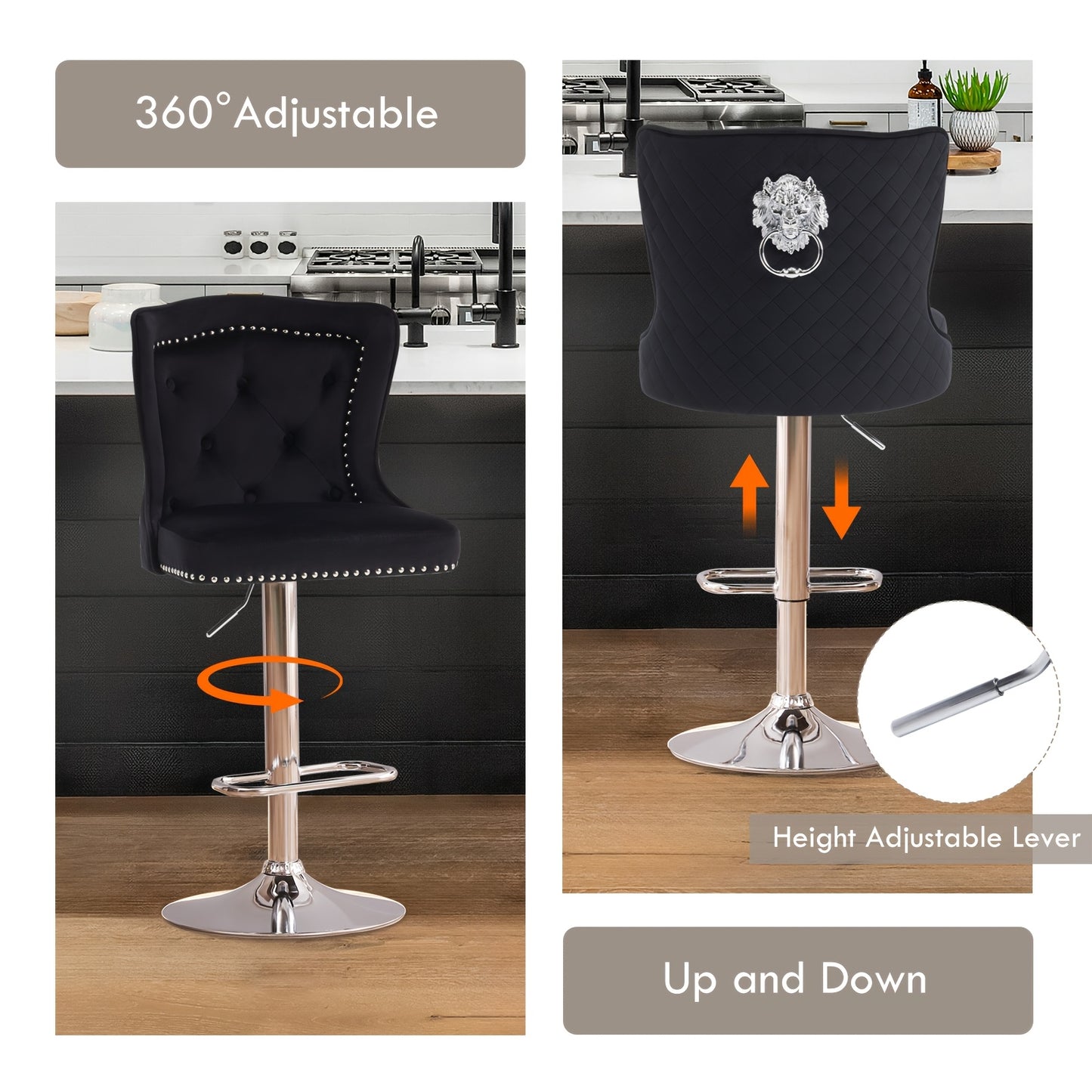 Barstoel – Barkruk – Barstoel Kruk – Barstoel Set – Barkrukken – Verstelbaar – Zwarte Fluwelen Bekleding – Robuust Metalen Frame – Ergonomische Hoge Rugleuning – Draaibaar – Met Leeuwenkop Handgreep – Nagelrandafwerking – Draagkracht 136 kg